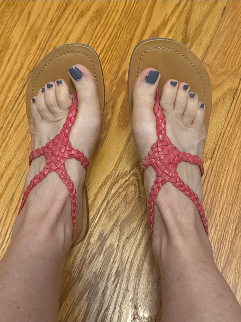Jessica Simpson Braided T-Strap Sandals in Coral and Tan